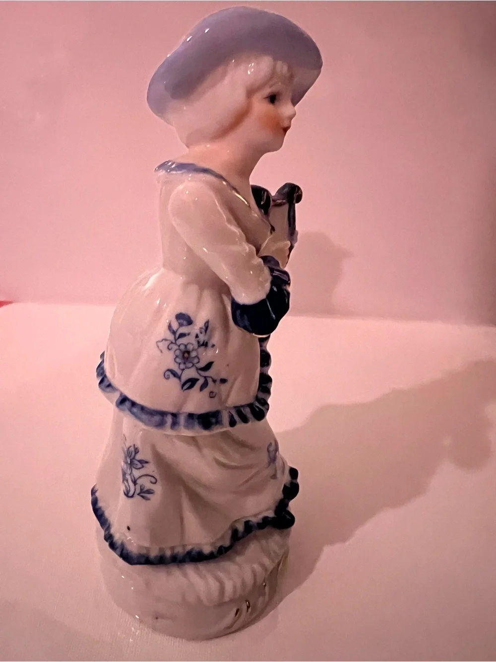 Vintage Hand-Painted Porcelain Figurine Woman with Lyre in White and Blue